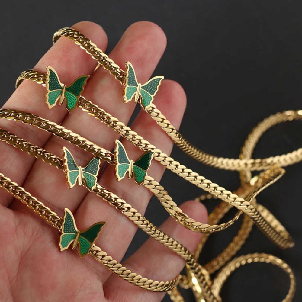 18K Gold Plated Cuban Green Butterfly Stainless Steel Necklace